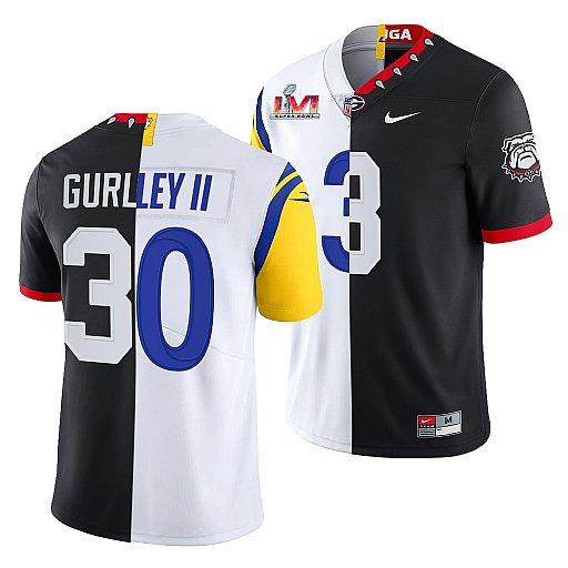 Men's Black/White Los Angeles Rams X Georgia Bulldogs #30 Todd Gurley II Split Super Bowl LVI Stitched Jersey